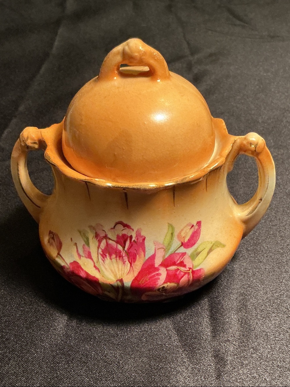 Vintage Japanese Lusterware Floral Covered Sugar Bowl - almost 100 years old